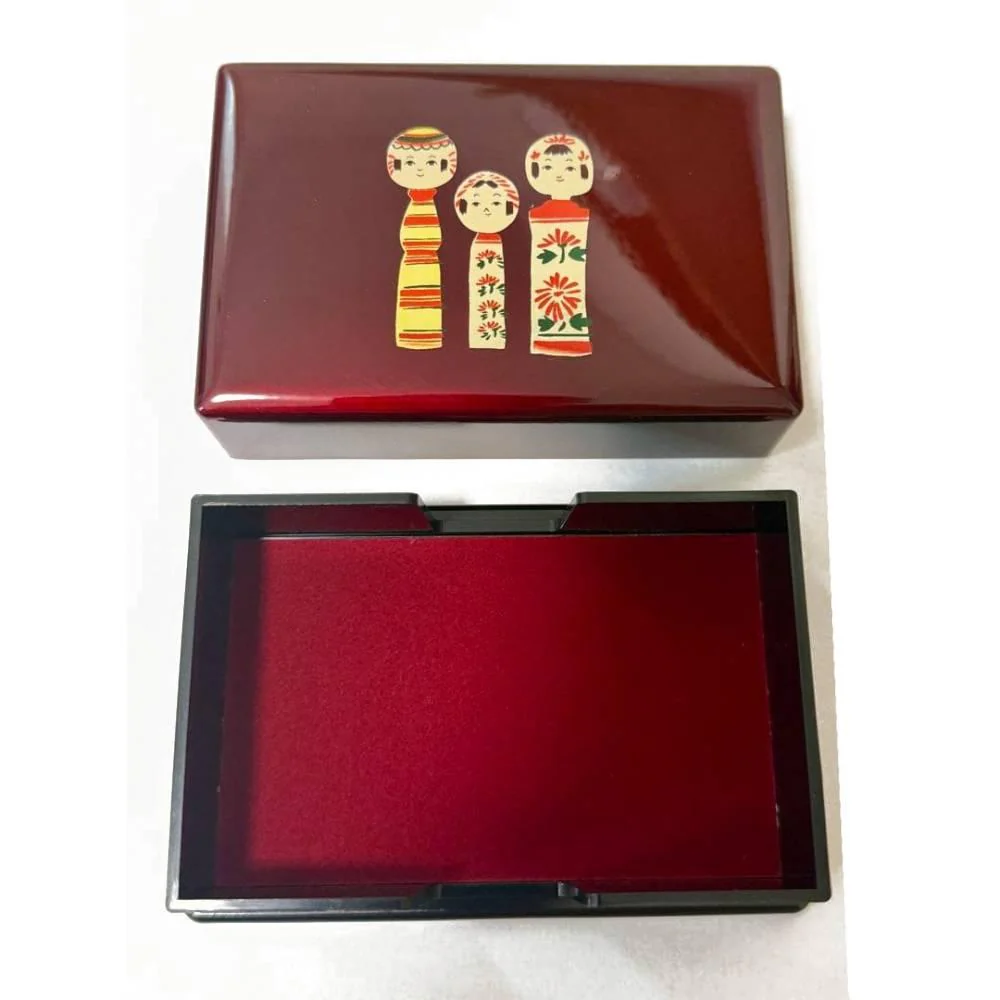 Red Lacquered Card Holder Case Kokeshi Wooden Dolls Design - Image 3